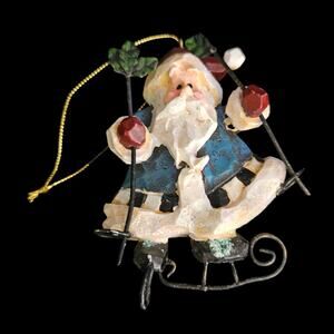 Vintage Santa Claus Christmas Ornament Skiing Blue Coat Resin & Wire Holiday